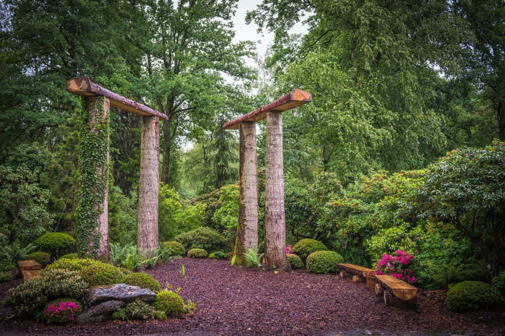 Japanische Azaleen im Eingangsbereich des Park Seleger Moor, kombiniert mit Rhododendron, Farnen und grossen Holzskulpturen.